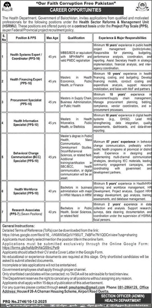 Health Department of Balochistan govt jobs 2025