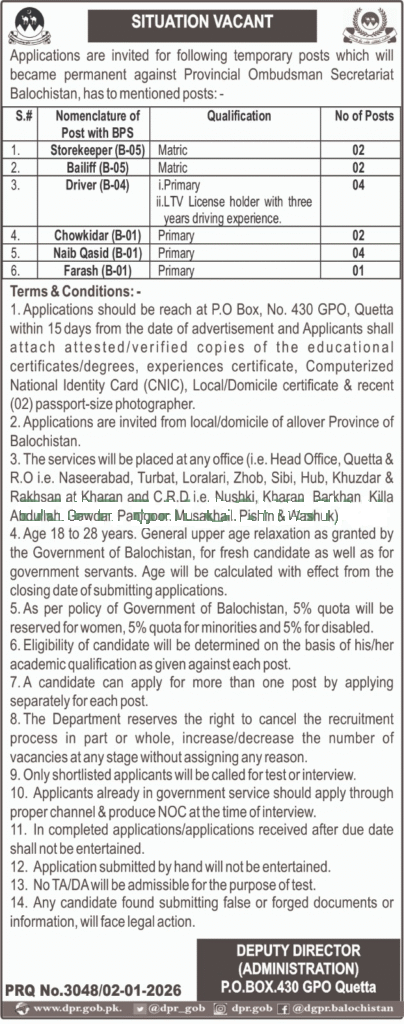 Provincial Ombudsman Secretariat Balochistan job image